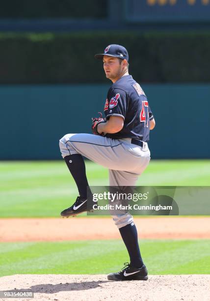 Trevor Bauer of the Cleveland Indians pitches during the game against the Detroit Tigers at Comerica Park on May 16, 2018 in Detroit, Michigan. The...