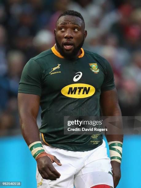 Tendai Mtawarira of South Africa looks on during the third test match between South Africa and England at Newlands Stadium on June 23, 2018 in Cape...