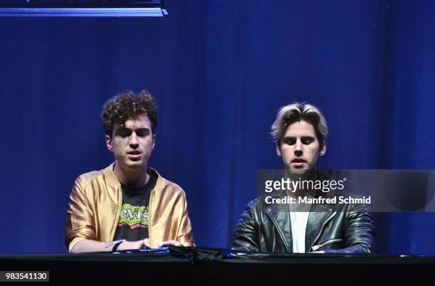 Cesar Laurent de Rummel and Dorian Lauduique of Ofenbach perform on stage at Donauinselfest DIF 2018 Wien at Donauinsel on June 24, 2018 in Vienna,...
