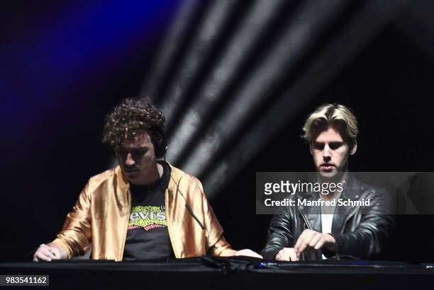 Cesar Laurent de Rummel and Dorian Lauduique of Ofenbach perform on stage at Donauinselfest DIF 2018 Wien at Donauinsel on June 24, 2018 in Vienna,...