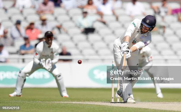 Hampshire's James Adams hits out from the bowling of Lancashire's Tom Bailey, during the Specsavers County Championship, Division One match at...