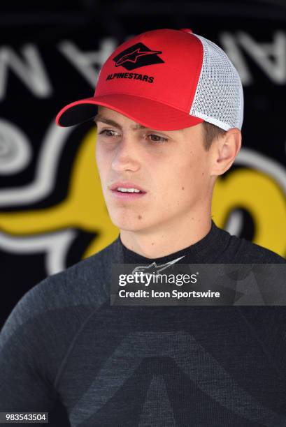 Zane Smith MDM Motorsports Toyota Camry talks with his crew before the start of the practice session for the ARCA Racing Series PapaNicholas Coffee...