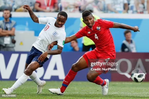 Raheem Sterling of England national team and Fidel Escobar of Panama national team vie for the ball during the 2018 FIFA World Cup Russia group G...