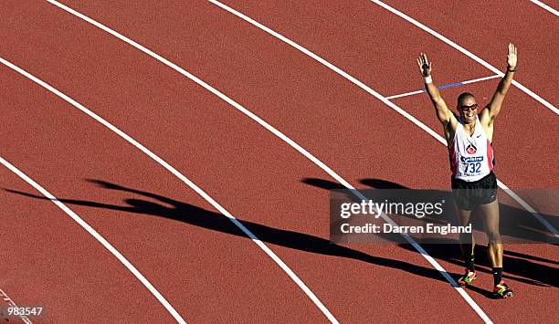Kyle Vander-Kuyp of Australia celebrates winning the men's 110 metre hurdles final at the Australian Track and Field Championships at ANZ Stadium in...