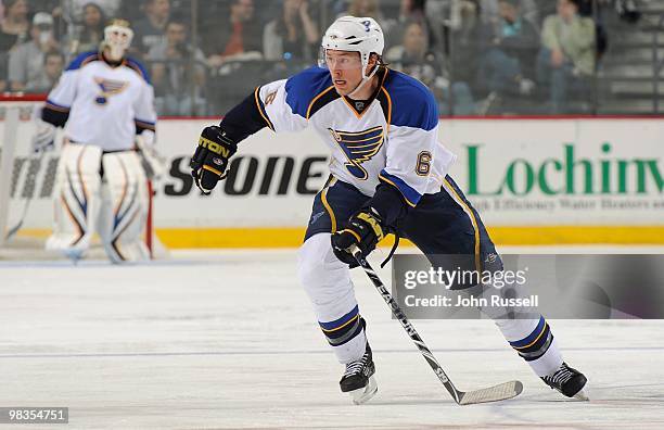 Erik Johnson of the St. Louis Blues skates against the Nashville Predators on April 1, 2010 at the Bridgestone Arena in Nashville, Tennessee.