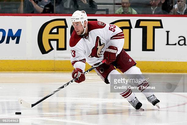 Derek Morris of the Phoenix Coyotes skates against the Calgary Flames on March 31, 2010 at Pengrowth Saddledome in Calgary, Alberta, Canada. The...