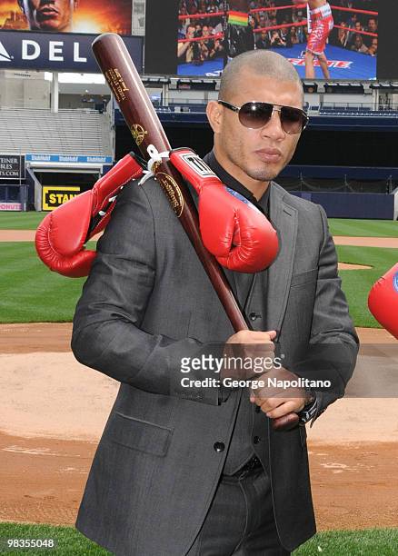 Miguel Cotto aattends a press conference for their upcoming fight at Yankee Stadium on April 9, 2010 in the Bronx borough of New York City.