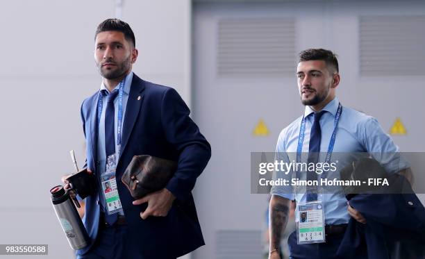 Giorgian De Arrascaeta and Martin Campana arrive at the stadium prior to the 2018 FIFA World Cup Russia group A match between Uruguay and Russia at...