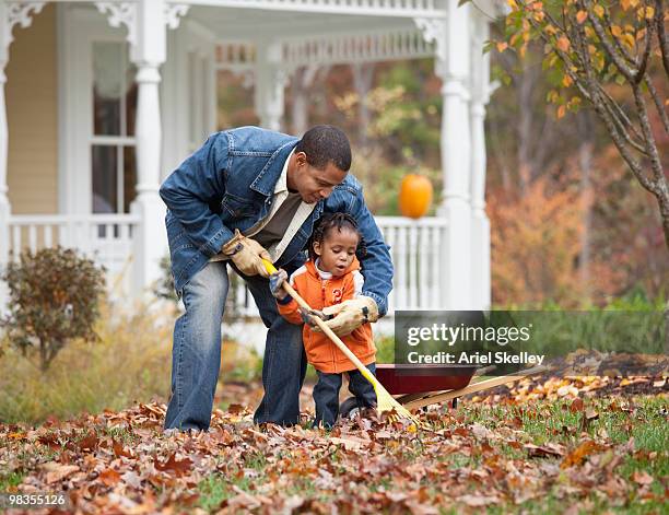 black father and daughter raking leaves - rechen stock-fotos und bilder