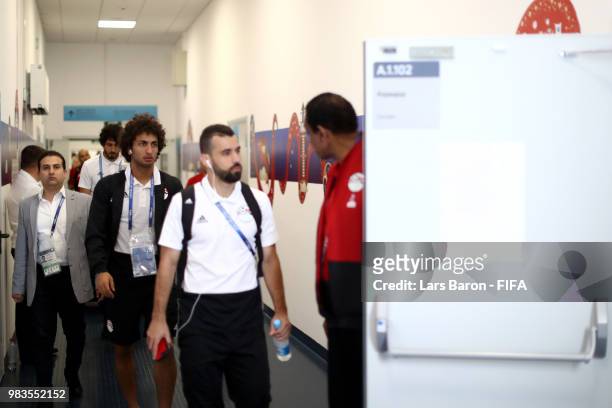Amr Warda of Egypt arrives at the stadium prior to the 2018 FIFA World Cup Russia group A match between Saudia Arabia and Egypt at Volgograd Arena on...