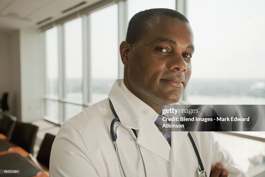 African American doctor in lab coat