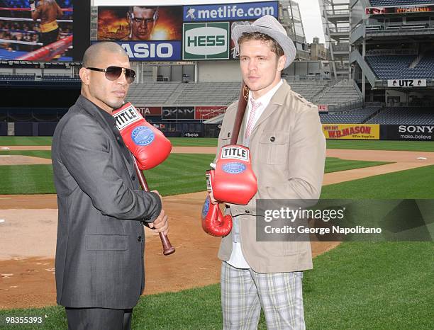 Miguel Cotto and Yuri Foreman attend a press conference for their upcoming fight at Yankee Stadium on April 9, 2010 in the Bronx borough of New York...