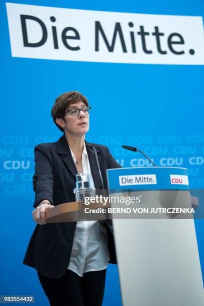 Christian Democratic Union Secretary General Annegret Kramp-Karrenbauer holds a press conference after a meeting of the CDU party presidium in Berlin...