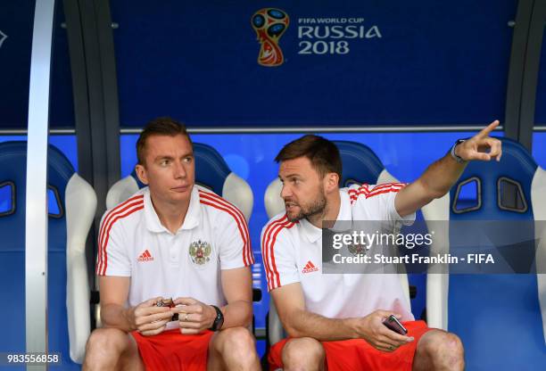 Andrey Semenov and Vladimir Granat of Russia looks on prior to the 2018 FIFA World Cup Russia group A match between Uruguay and Russia at Samara...