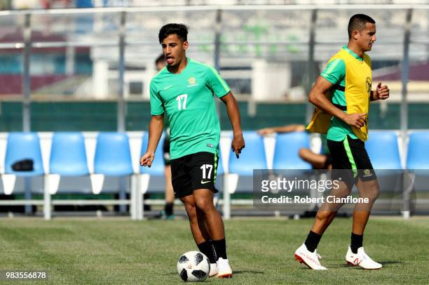 Daniel Arzani of Australia runs with the ball during a training session during an Australian Socceroos media opportunity at Park Arena on June 25,...