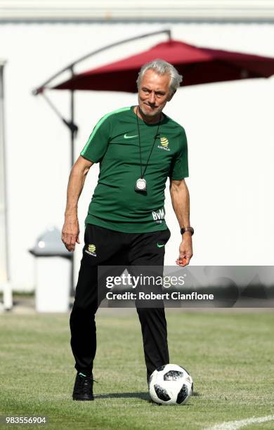 Bert van Marwijk, Head coach of Australia looks on during a training session during an Australian Socceroos media opportunity at Park Arena on June...