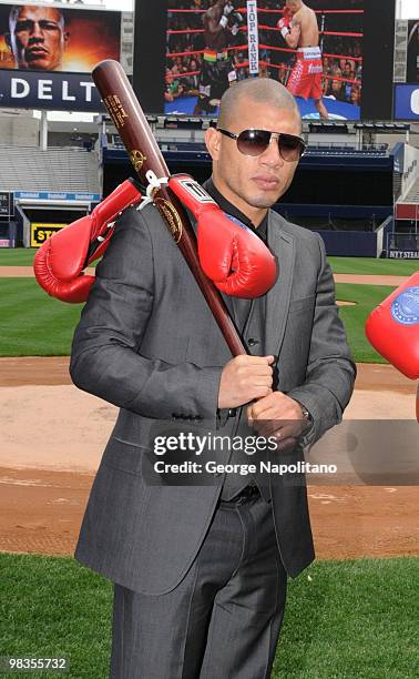 Miguel Cotto aattends a press conference for their upcoming fight at Yankee Stadium on April 9, 2010 in the Bronx borough of New York City.