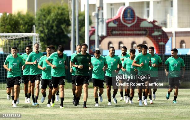 The Australia players run during a training session during an Australian Socceroos media opportunity at Park Arena on June 25, 2018 in Sochi, Russia.