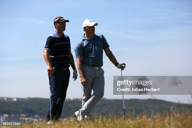 Barry Austin and Darren Russell of Downes Crediton Golf Club stand on a tee during The Lombard Trophy South West Qualifier at Royal North Devon Golf...