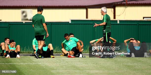 Bert van Marwijk, Head coach of Australia gives his team instructions during a training session during an Australian Socceroos media opportunity at...