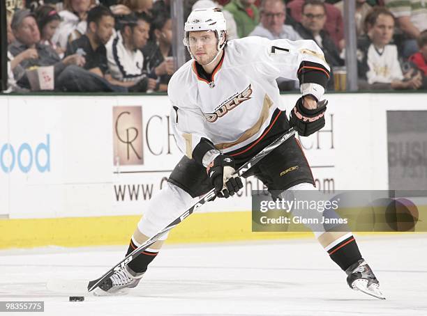 Steve Eminger of the Anaheim Ducks skates against the Dallas Stars on April 8, 2010 at the American Airlines Center in Dallas, Texas.