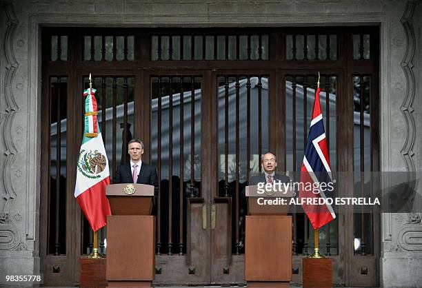 Mexican President Felipe Calderon and Norwegian Prime Minister Jens Stoltenberg during a press conference at Los Pinos presidential residence in...