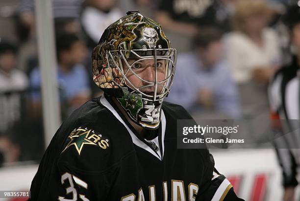 Marty Turco of the Dallas Stars tends goal against the Anaheim Ducks on April 8, 2010 at the American Airlines Center in Dallas, Texas.