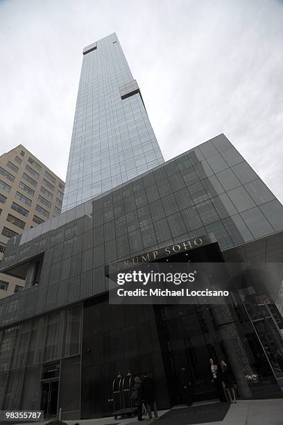 General view of the building exterior during the ribbon cutting ceremony for Trump SoHo New York at Trump SoHo on April 9, 2010 in New York City.