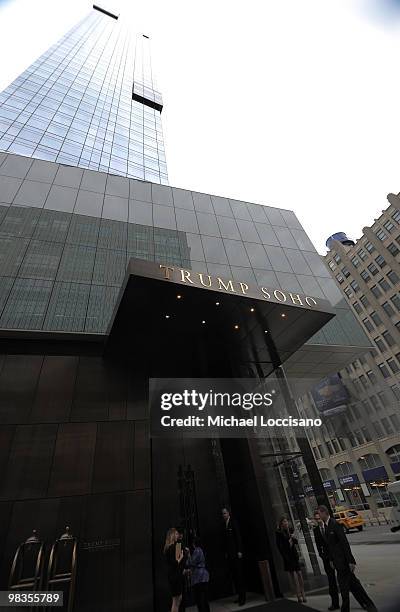 General view of the building exterior during the ribbon cutting ceremony for Trump SoHo New York at Trump SoHo on April 9, 2010 in New York City.