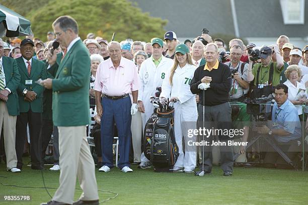 Arnold Palmer, Jack Nicklaus, and Augusta National chairman Billy Payne during ceremonial first tee shot on No 1 before Thursday play at Augusta...