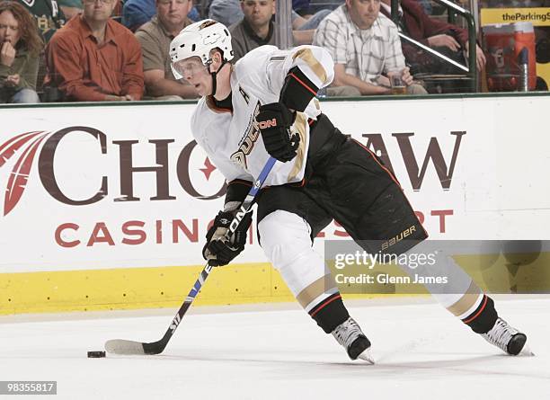 Saku Koivu of the Anaheim Ducks handles the puck against the Dallas Stars on April 8, 2010 at the American Airlines Center in Dallas, Texas.