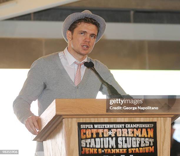 Yuri Foreman attends a press conference for his upcoming fight against Miguel Cotto at Yankee Stadium on April 9, 2010 in the Bronx borough of New...