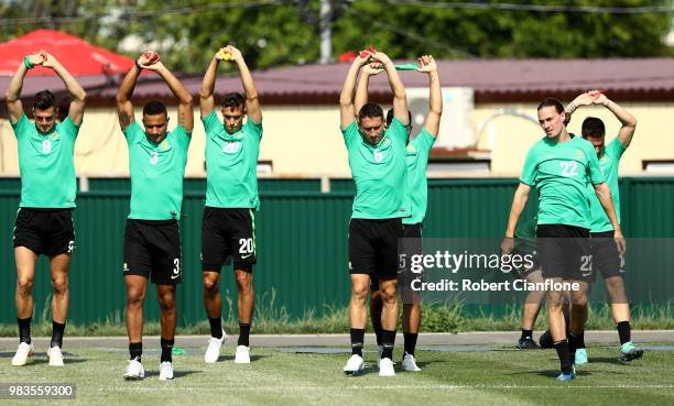 Australia players stretch during a training session during an Australian Socceroos media opportunity at Park Arena on June 25, 2018 in Sochi, Russia.
