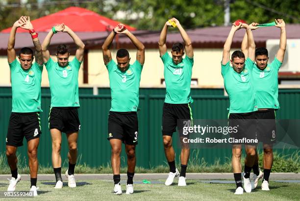 Australia players stretch during a training session during an Australian Socceroos media opportunity at Park Arena on June 25, 2018 in Sochi, Russia.