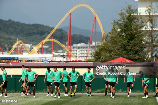 The Australia players stretch during a training session during an Australian Socceroos media opportunity at Park Arena on June 25, 2018 in Sochi,...