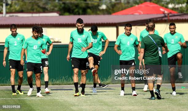 Australia players warm up during a training session during an Australian Socceroos media opportunity at Park Arena on June 25, 2018 in Sochi, Russia.