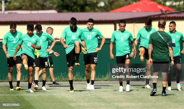 Australia players warm up during a training session during an Australian Socceroos media opportunity at Park Arena on June 25, 2018 in Sochi, Russia.