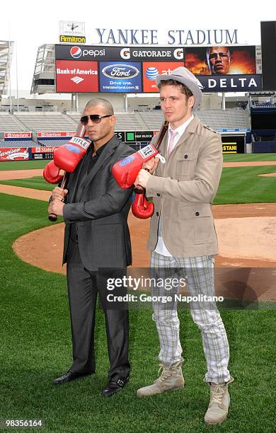 Miguel Cotto and Yuri Foreman attend a press conference for their upcoming fight at Yankee Stadium on April 9, 2010 in the Bronx borough of New York...