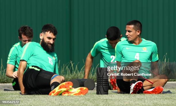 Mile Jedinak and Tim Cahill of Australia speak whilst stretching during a training session during an Australian Socceroos media opportunity at Park...