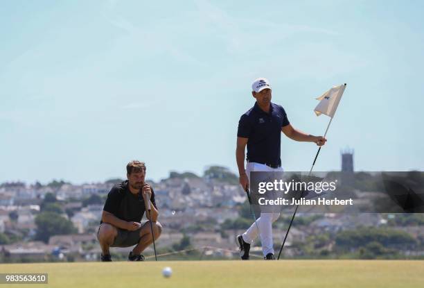 Christopher Milton and Mark Govier of Machynys Golf Club during The Lombard Trophy South West Qualifier at Royal North Devon Golf Club on June 25,...