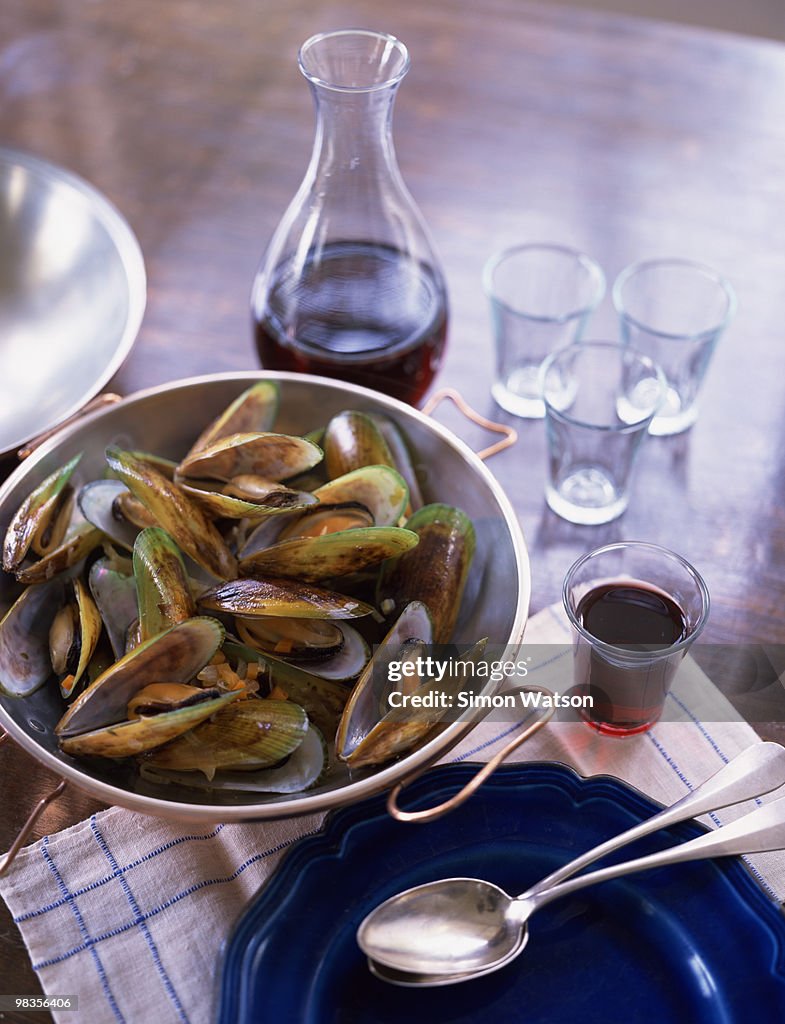 Green lipped mussels and red wine
