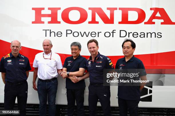 Adrian Newey, the Chief Technical Officer of Red Bull Racing, Red Bull Racing Team Consultant Dr Helmut Marko, Masashi Yamamoto of Honda, Red Bull...