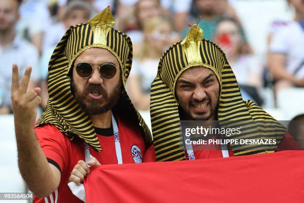 Egypt fans cheer on the team before the Russia 2018 World Cup Group A football match between Saudi Arabia and Egypt at the Volgograd Arena in...