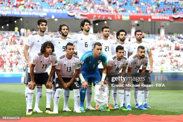 The Egypt players pose for a team photo prior to the 2018 FIFA World Cup Russia group A match between Saudia Arabia and Egypt at Volgograd Arena on...
