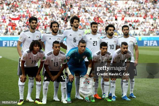 The Egypt players pose for a team photo prior to the 2018 FIFA World Cup Russia group A match between Saudia Arabia and Egypt at Volgograd Arena on...