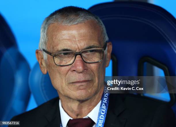 Hector Cuper, Head coach of Egypt looks on prior to the 2018 FIFA World Cup Russia group A match between Saudia Arabia and Egypt at Volgograd Arena...