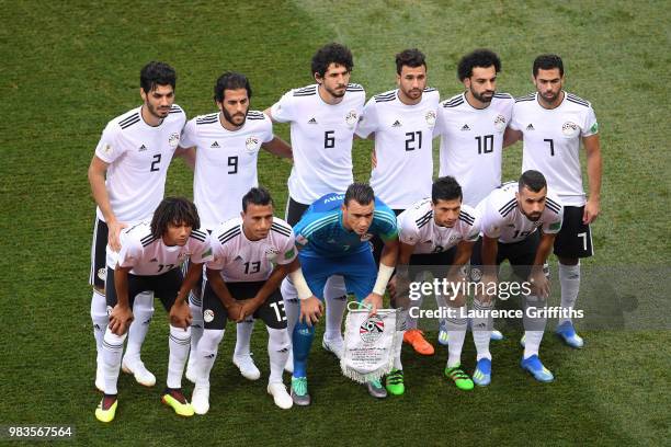 The Egypt players pose for a team photo prior to the 2018 FIFA World Cup Russia group A match between Saudia Arabia and Egypt at Volgograd Arena on...