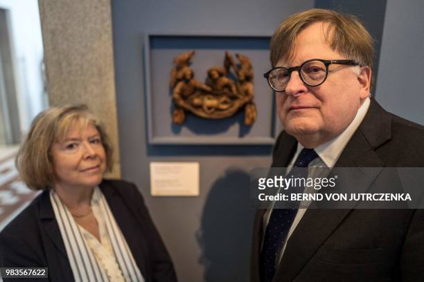 One of the heirs of former owners, a Jewish couple who fled the Nazi regime, Felix de Marez Oyens and his wife Theodora de Marez Oyens pose in front...