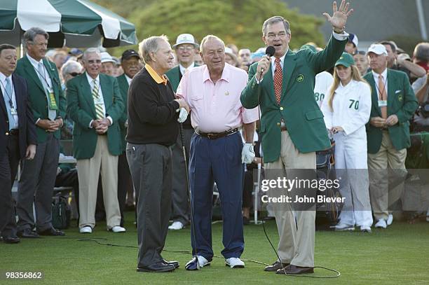 Arnold Palmer, Jack Nicklaus, and Augusta National chairman Billy Payne during ceremonial first tee shot on No 1 before Thursday play at Augusta...