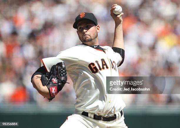 Jonathan Sanchez of the San Francisco Giants pitches against the Atlanta Braves on Opening Day at AT&T Park on April 9, 2010 in in San Francisco,...